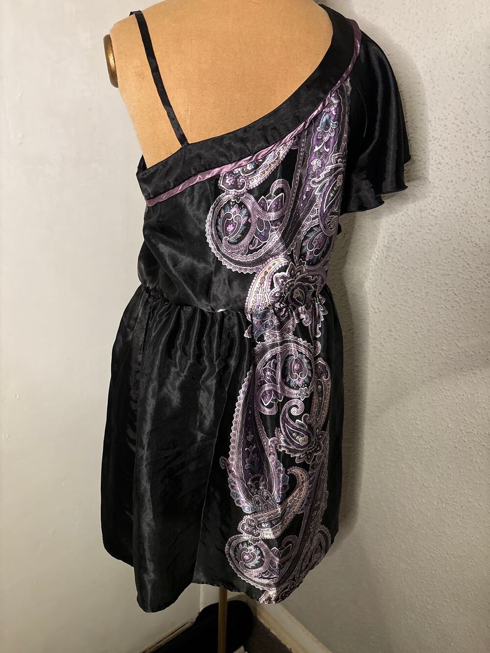 BCX One Shoulder Paisley Print Dress Purple/ Black S Boho Castlecore Fairycore